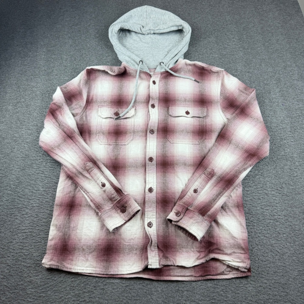 Aeropostale Hooded Flannel Shirt Mens Small Burgundy Plaid Long Sleeve Button Up